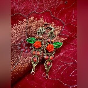 New Antique Gold and Red Rose Earrings